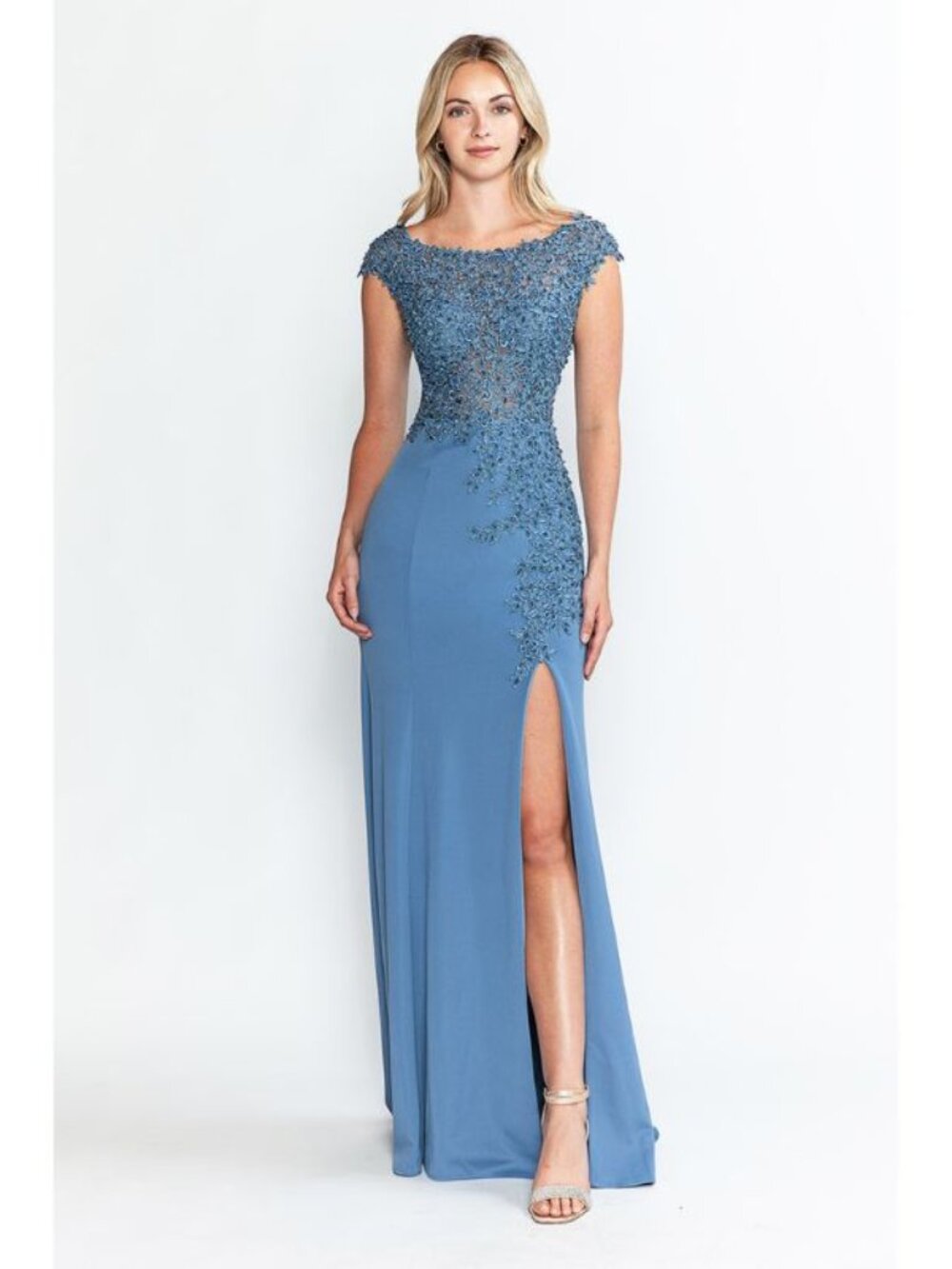 Clearance Denim Blue Size S,L Pageant Boat Neck Cap Sleeve Sheath Gown 8343